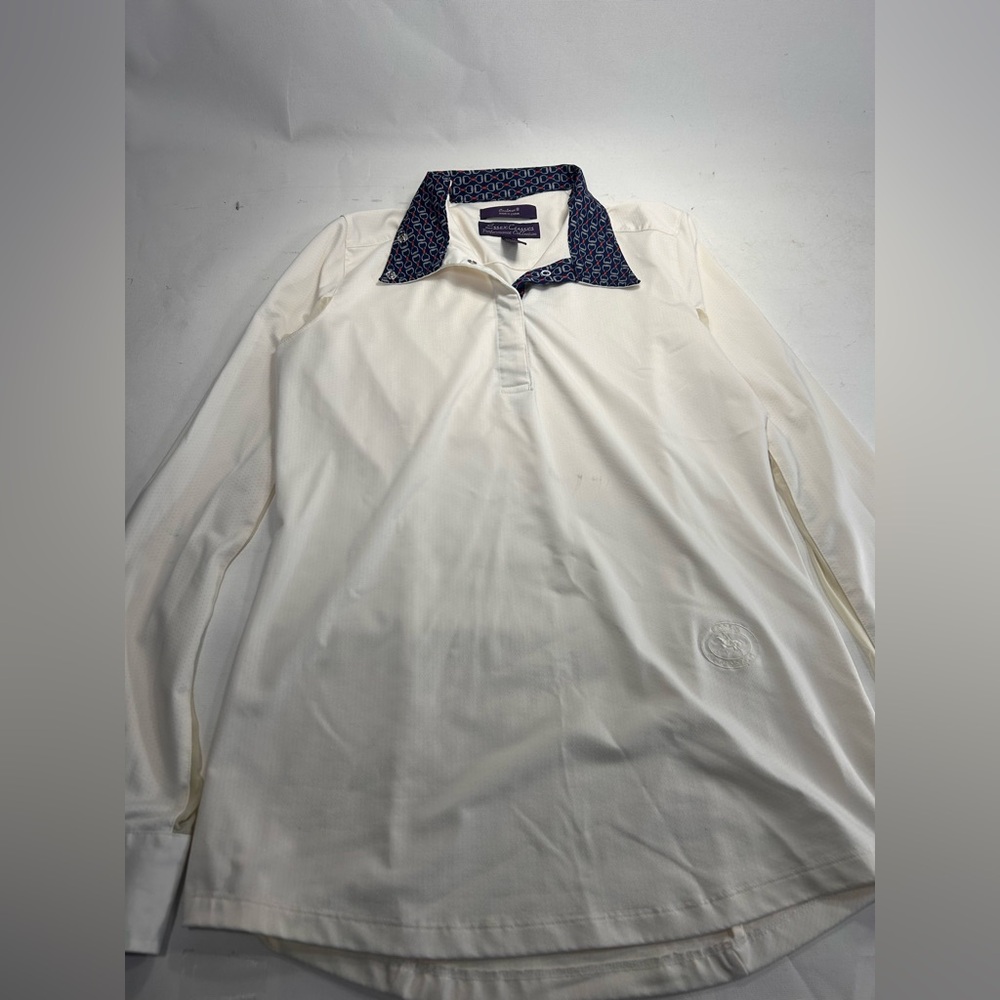Elegant Cream Button Down Shirt with Blue Collar long sleeve equestrian Medium